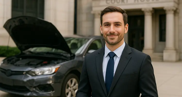 a male lawyer smiling at the camera with a lemon car in the background from Houston Lemon Law Lawyer A in Conroe, TX - Conroe TX