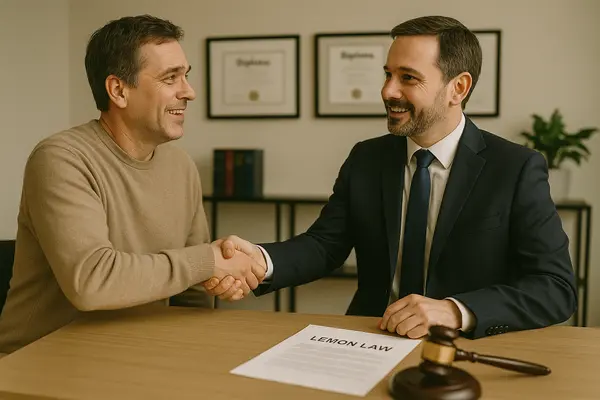 a lemon law lawyer shaking hands with a customer in his office from Houston Lemon Law Lawyer A in Conroe, TX - Conroe TX