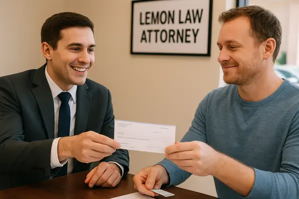 a lemon law lawyer handing a check to his customer after winning his case from Houston Lemon Law Lawyer A in Conroe, TX - Conroe TX
