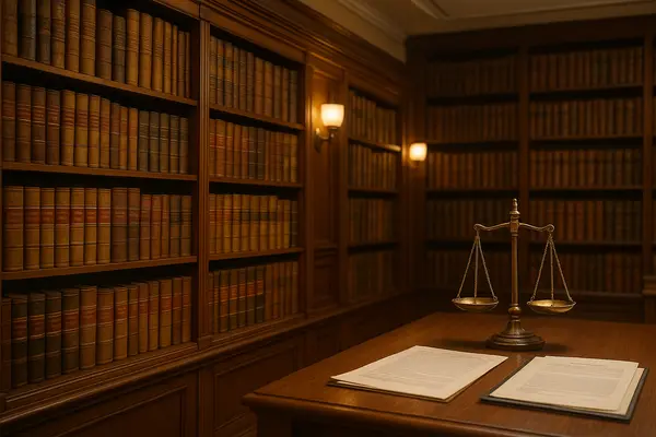 an empty office with bookshelves and the scale of justice on the desktop from Houston Lemon Law Lawyer A in Houston, TX - consumer Protection Lawyer