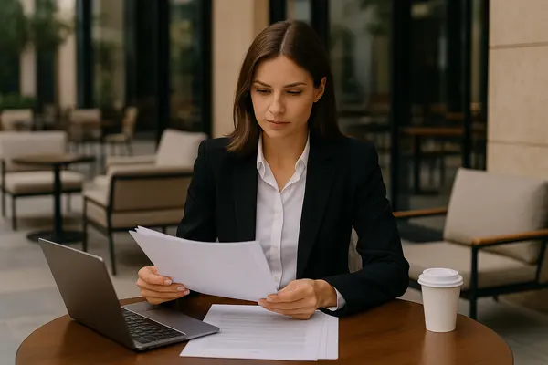 a female lawyer reading a document outside of a coffee place from Houston Lemon Law Lawyer A in Galveston, TX - Galveston TX