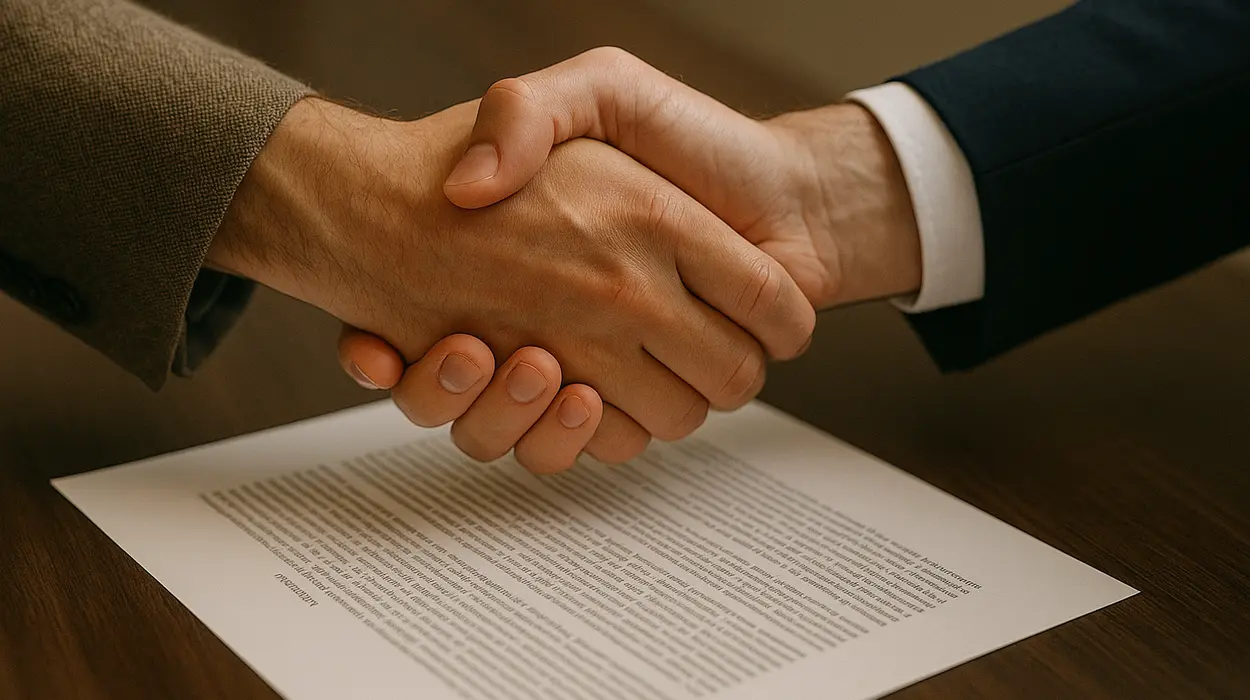 2 hands shaking closing a deal and a legal document underneath them; from Houston Lemon Law Lawyer A in Houston, TX - How to choose a lemon law attorney