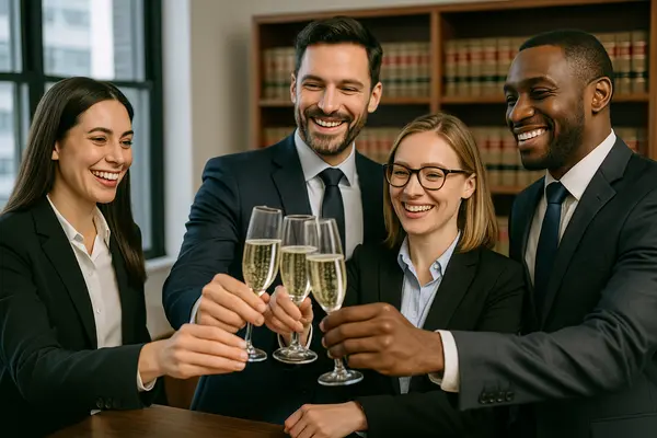 4 lawyers celebrating with champagne they won a case from Houston Lemon Law Lawyer A in Houston, TX - How to choose a lemon law attorney