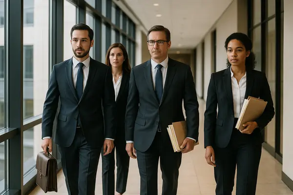 4 lawyers walking down the hall of a building from Houston Lemon Law Lawyer A in Houston, TX - How to start a lemon claim