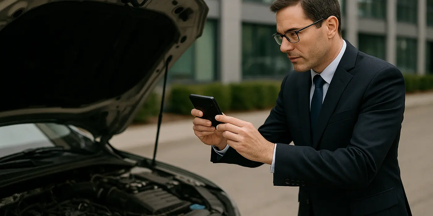a man taking a picture with his phone under the hood of his lemon car from Houston Lemon Law Lawyer A in Houston, TX - Lawyer near me