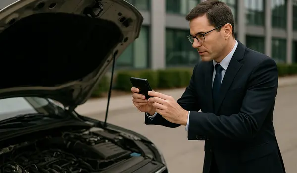 a man taking a picture with his phone under the hood of his lemon car from Houston Lemon Law Lawyer A in Houston, TX - Lawyer near me