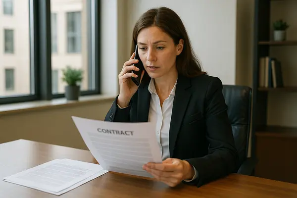 a female lawyer talking on her phone while holding a legal document from Houston Lemon Law Lawyer A in League City, TX - League City TX a female lawyer talking on her phone while holding a legal document from Houston Lemon Law Lawyer A in League City, TX - League City TX
