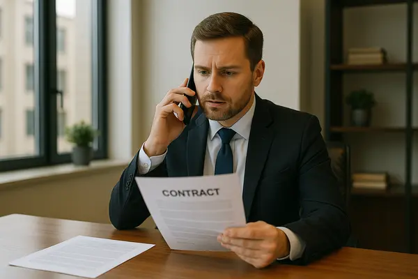 a male lawyer talking on his phone while holding a legal document from Houston Lemon Law Lawyer A in League City, TX - League City TX a male lawyer talking on his phone while holding a legal document from Houston Lemon Law Lawyer A in League City, TX - League City TX