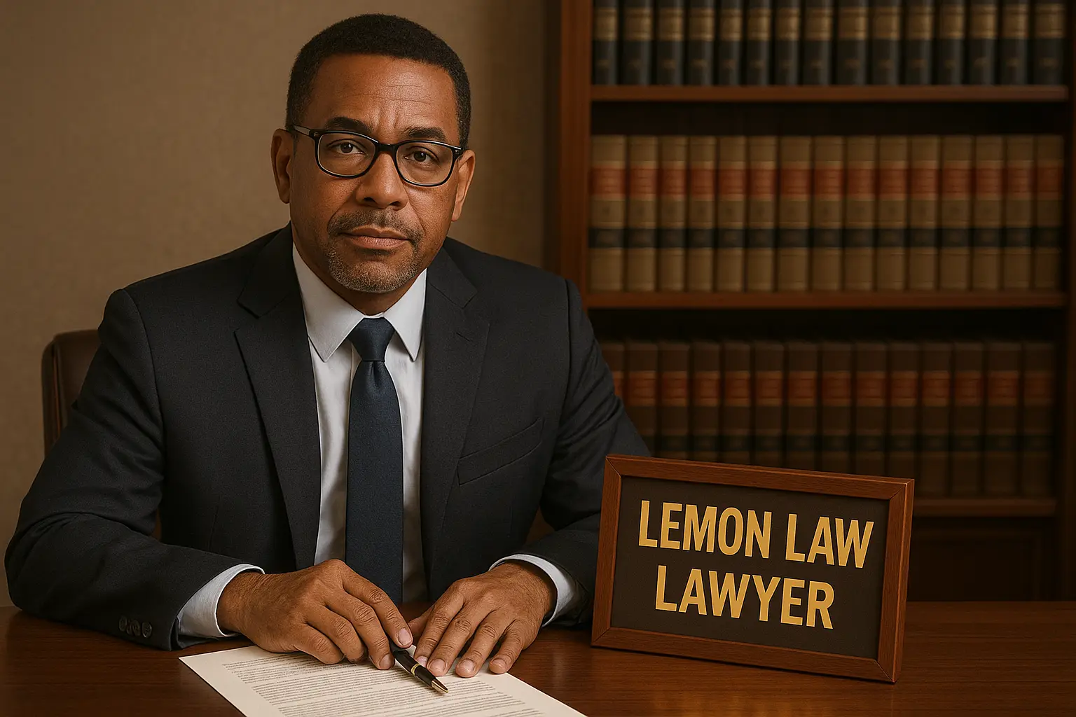 a lawyer seating at his desk with a sign next to him that says lemon law from Houston Lemon Law Lawyer A in Houston, TX - lemon law rules