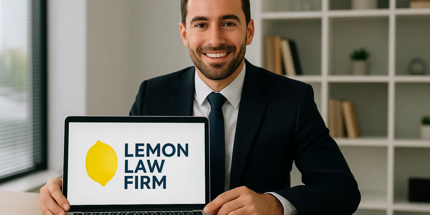a lwayer in his office showing a laptop screen that says lemon law firm from Houston Lemon Law Lawyer A in Pearland, TX - Pearland TX