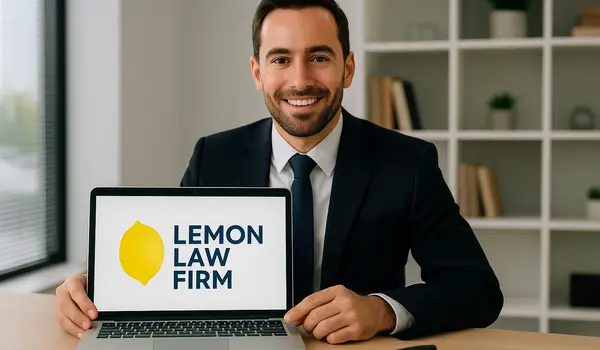 a lwayer in his office showing a laptop screen that says lemon law firm from Houston Lemon Law Lawyer A in Pearland, TX - Pearland TX