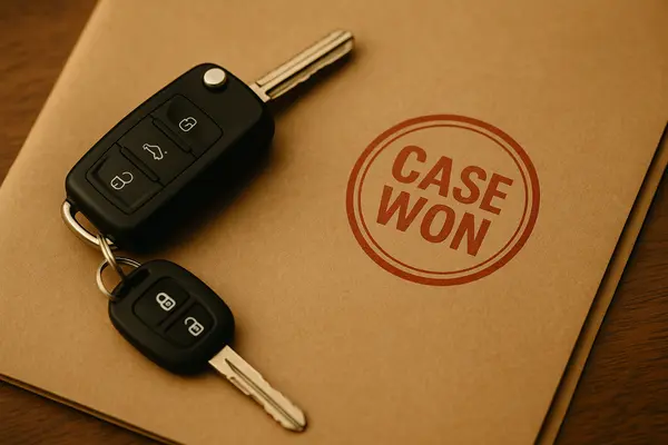 a key set on top of a folder that says case won from Houston Lemon Law Lawyer A in Sugar Land, TX - Sugar Land TX