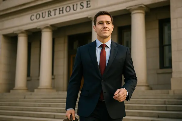 a lawyer walking down the stairs of a courthouse entrance from Houston Lemon Law Lawyer A in The Woodlands, TX - The Woodlands TX