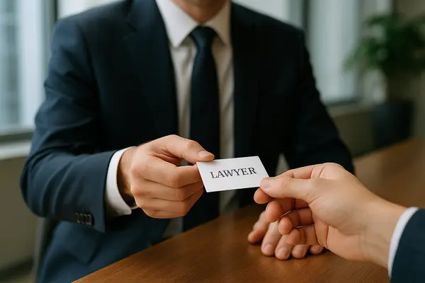 a lawyer handing a man a business card from Houston Lemon Law Lawyer A in Houston, TX - Toyota Lemon Law