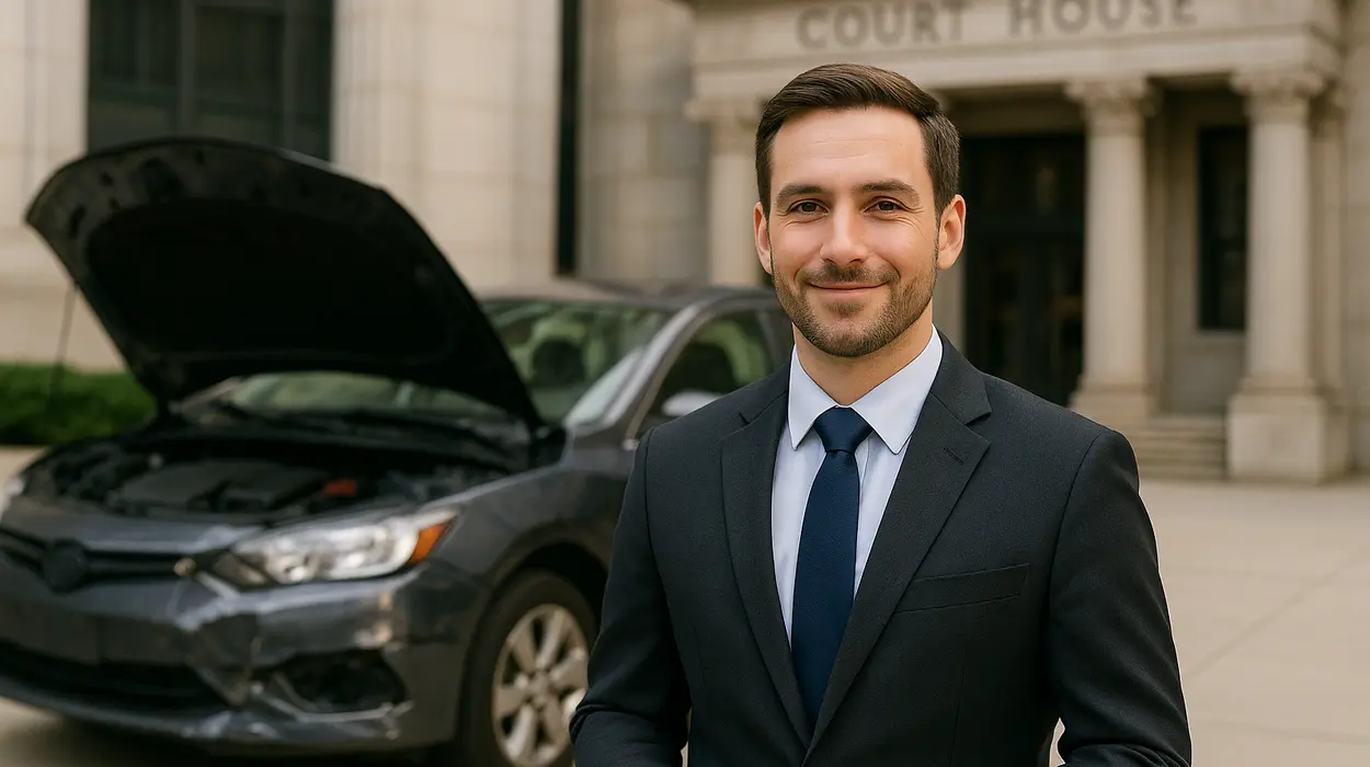 a male lawyer smiling at the camera with a lemon car in the background from Houston Lemon Law Lawyer A in Houston, TX - What is a lemon car